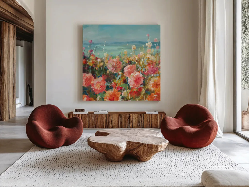 Coastal Dahlias by Danhui Nai. Shown as extra-large giant wall art in a modern living room. Available as an archival giclee rolled canvas, fine art paper, or poster print. SKU 78723a.
