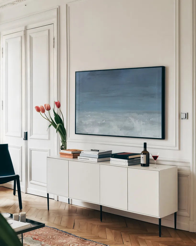 Coastal Mood by Danhui Nai. shown as a framed stretched canvas in a living room above a console. Available as a archival giclee rolled canvas, fine art paper, or poster print. SKU 99341i.