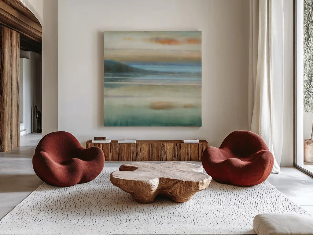 Coastal Sunset by Danhui Nai. Shown as extra-large giant wall art in a modern living room. Available as an archival giclee rolled canvas, fine art paper, or poster print. SKU 48445a.