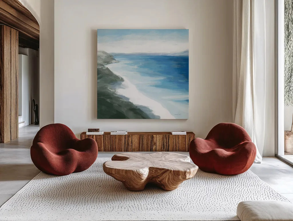 Coastline by Danhui Nai. Shown as extra-large giant wall art in a modern living room. Available as an archival giclee rolled canvas, fine art paper, or poster print. SKU 85392a.