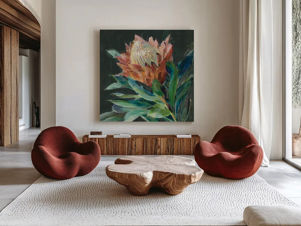 Deep Protea Crop by Danhui Nai. Shown as extra-large giant wall art in a modern living room. Available as an archival giclee rolled canvas, fine art paper, or poster print. SKU 66891a.