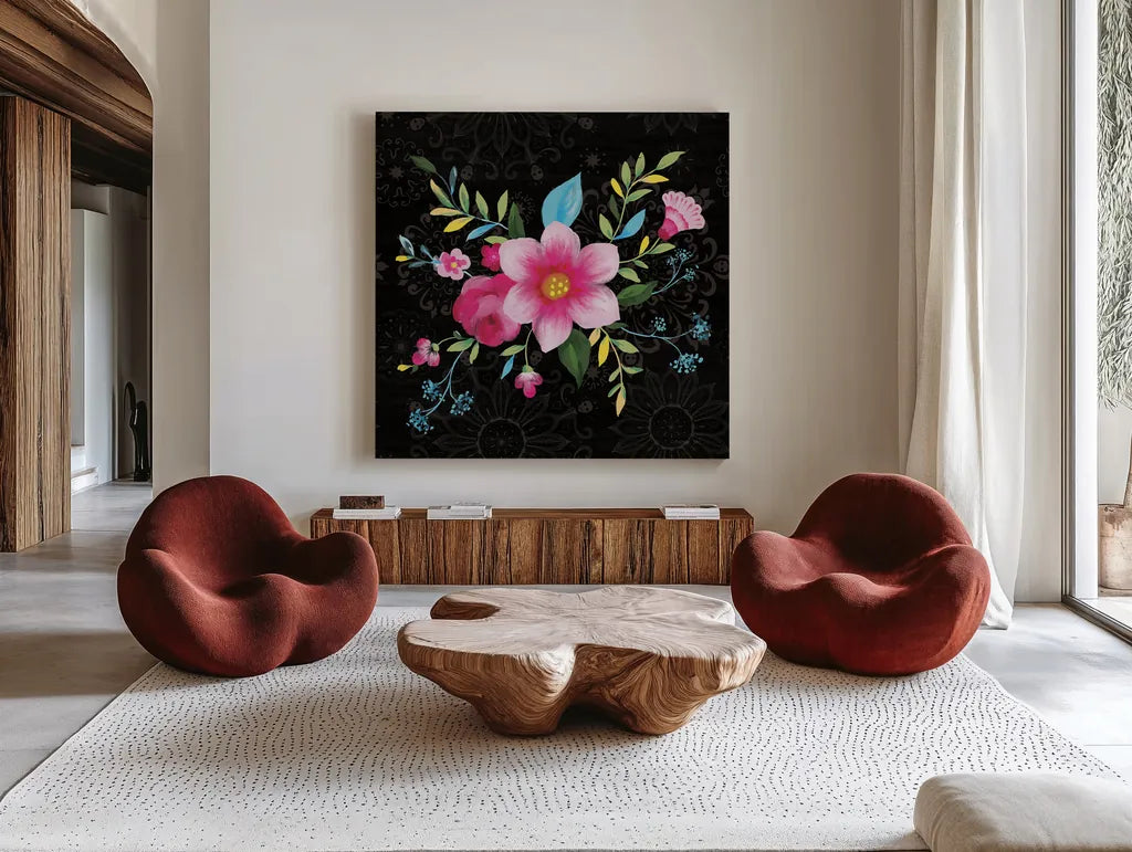 Dia de los Muertos VI by Danhui Nai. Shown as extra-large giant wall art in a modern living room. Available as an archival giclee rolled canvas, fine art paper, or poster print. SKU 85542a.