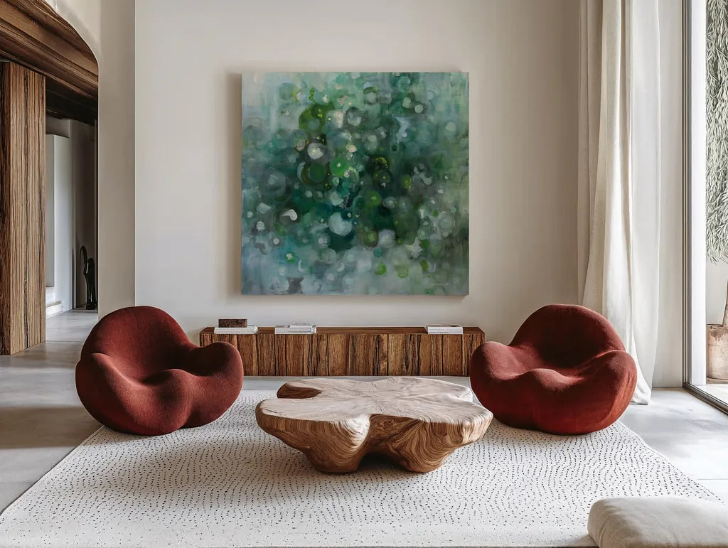Emerald Constellation by Danhui Nai. Shown as extra-large giant wall art in a modern living room. Available as an archival giclee rolled canvas, fine art paper, or poster print. SKU 89242a.