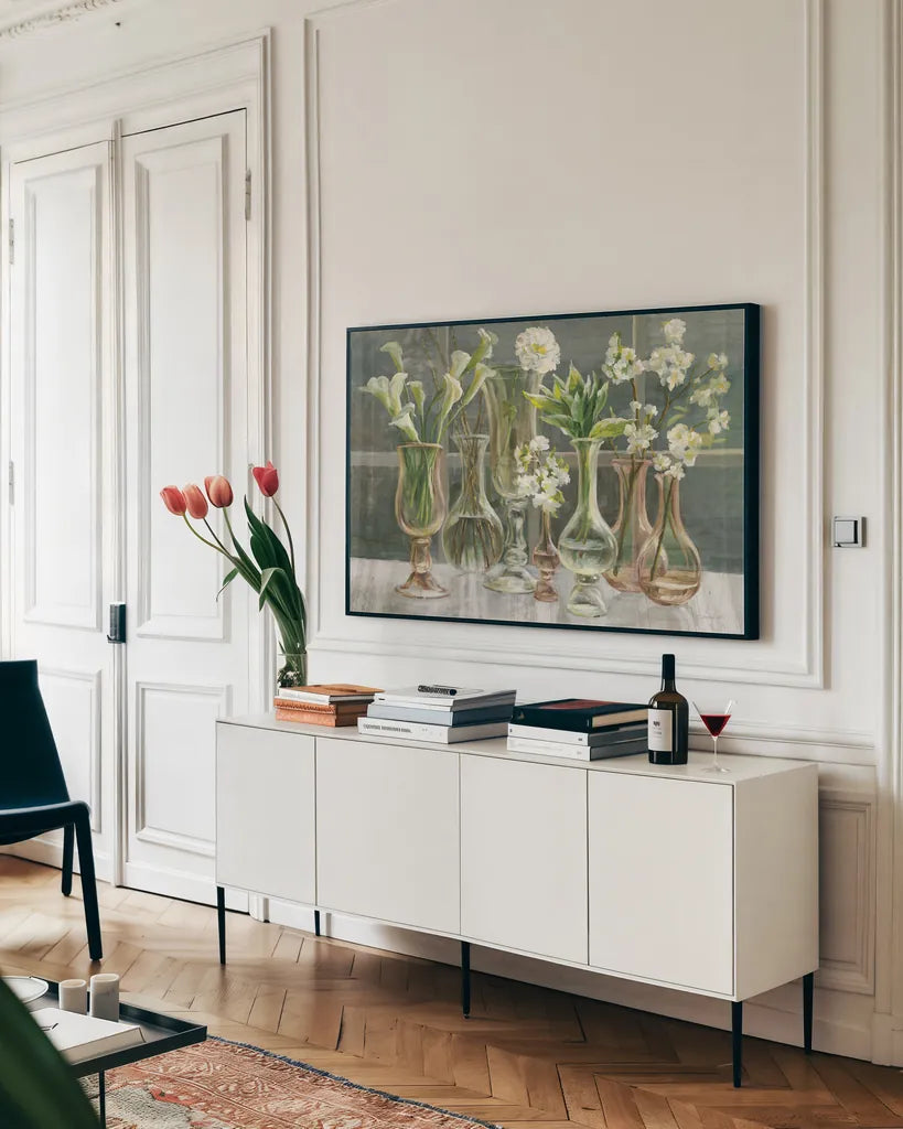 Essence of May Amber by Danhui Nai. shown as a framed stretched canvas in a living room above a console. Available as a archival giclee rolled canvas, fine art paper, or poster print. SKU 56172i.