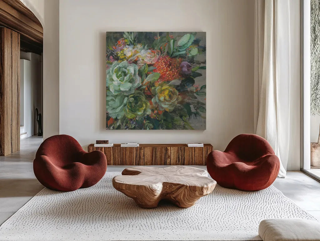 Exotic Bouquet by Danhui Nai. Shown as extra-large giant wall art in a modern living room. Available as an archival giclee rolled canvas, fine art paper, or poster print. SKU 81245a.