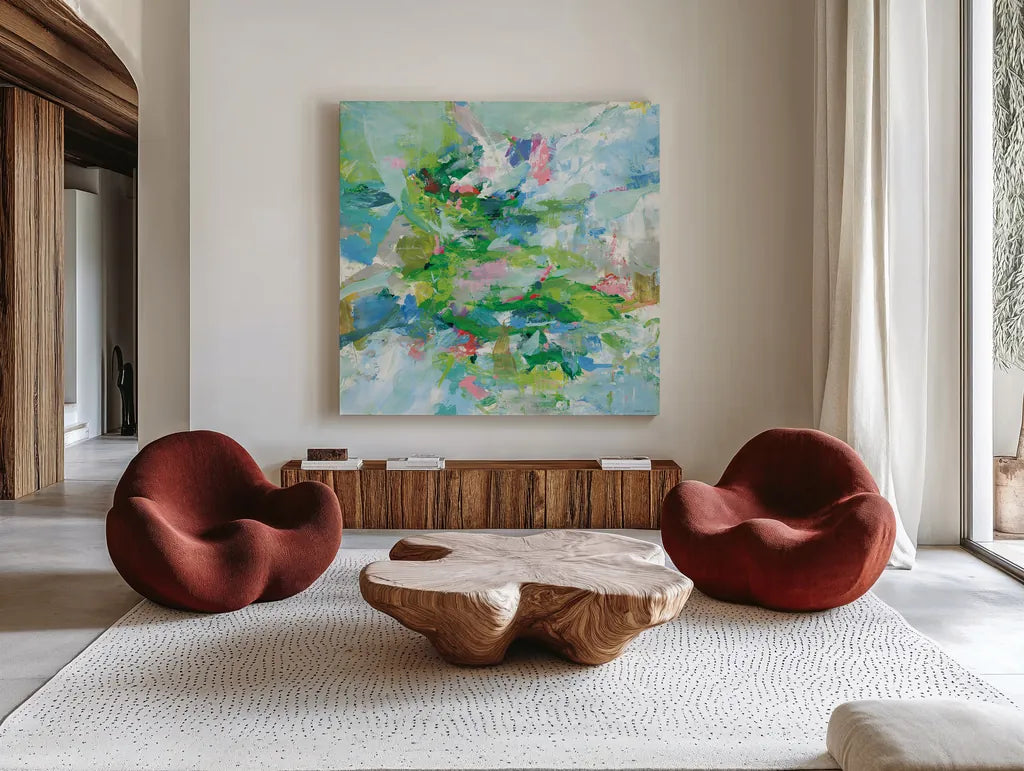 Exuding Summer by Danhui Nai. Shown as extra-large giant wall art in a modern living room. Available as an archival giclee rolled canvas, fine art paper, or poster print. SKU 79149a.