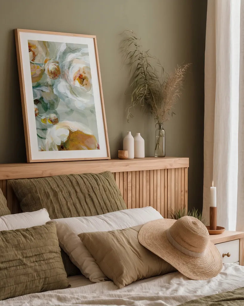 Fall Blossoms Panel I by Danhui Nai. shown as a paper print in a natural frame. Available as a archival giclee rolled canvas, fine art paper, or poster print. SKU 99166h.