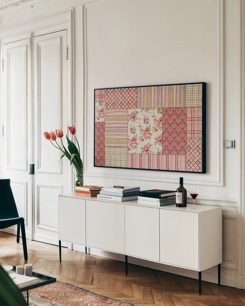 Farm Patchwork III by Danhui Nai. shown as a framed stretched canvas in a living room above a console. Available as a archival giclee rolled canvas, fine art paper, or poster print. SKU 42199i.