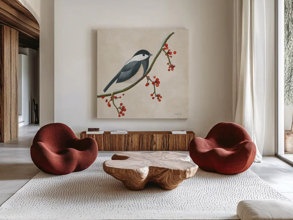 Festive Friends II by Danhui Nai. Shown as extra-large giant wall art in a modern living room. Available as an archival giclee rolled canvas, fine art paper, or poster print. SKU 87749a.