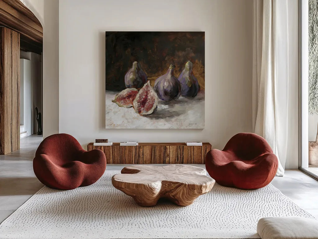 Fig Still Life by Danhui Nai. Shown as extra-large giant wall art in a modern living room. Available as an archival giclee rolled canvas, fine art paper, or poster print. SKU 98051a.