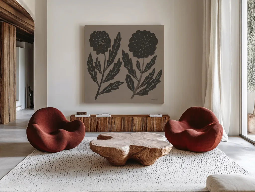 Floral Simplicity II by Danhui Nai. Shown as extra-large giant wall art in a modern living room. Available as an archival giclee rolled canvas, fine art paper, or poster print. SKU 81737a.