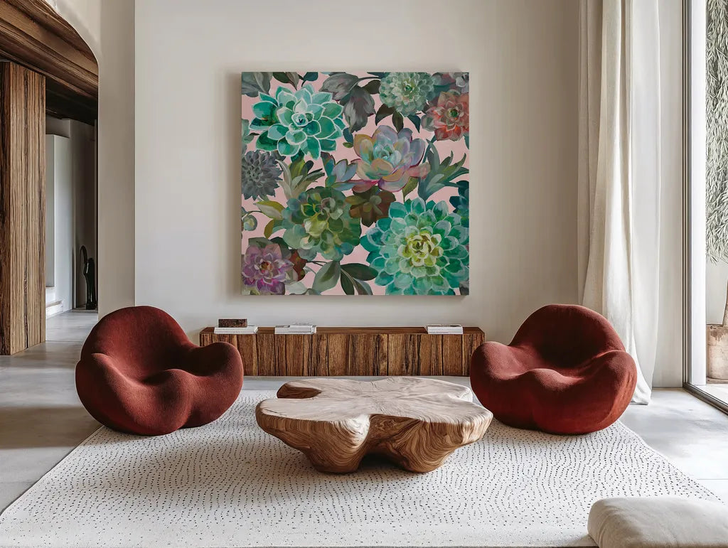 Floral Succulents v2 Crop on Pink by Danhui Nai. Shown as extra-large giant wall art in a modern living room. Available as an archival giclee rolled canvas, fine art paper, or poster print. SKU 33239a.
