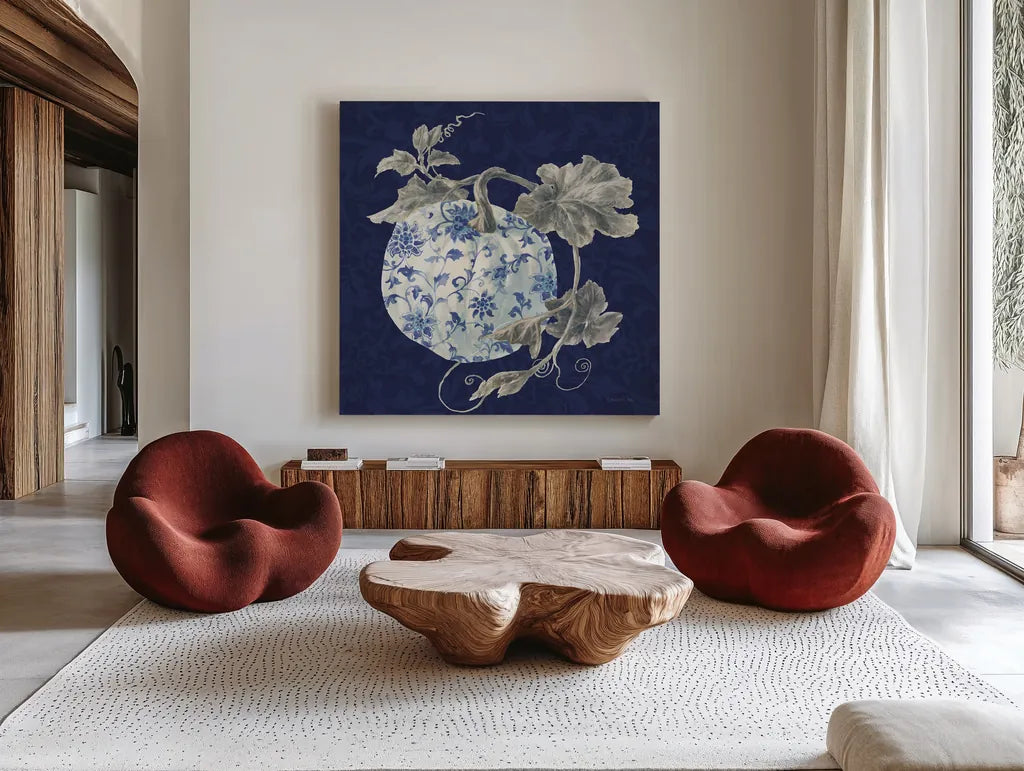 Floursack Autumn V Chinoiserie by Danhui Nai. Shown as extra-large giant wall art in a modern living room. Available as an archival giclee rolled canvas, fine art paper, or poster print. SKU 82801a.