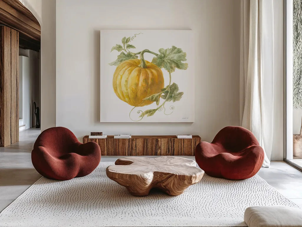 Floursack Autumn V on White by Danhui Nai. Shown as extra-large giant wall art in a modern living room. Available as an archival giclee rolled canvas, fine art paper, or poster print. SKU 48780a.