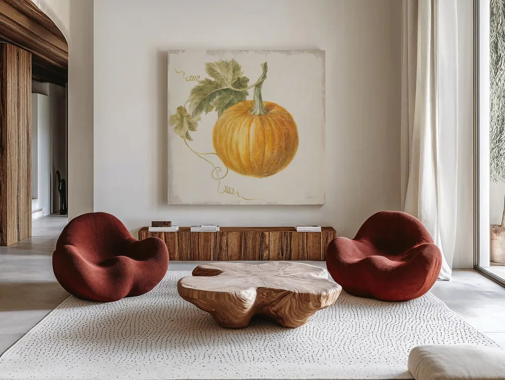 Floursack Autumn VI v2 by Danhui Nai. Shown as extra-large giant wall art in a modern living room. Available as an archival giclee rolled canvas, fine art paper, or poster print. SKU 56291a.