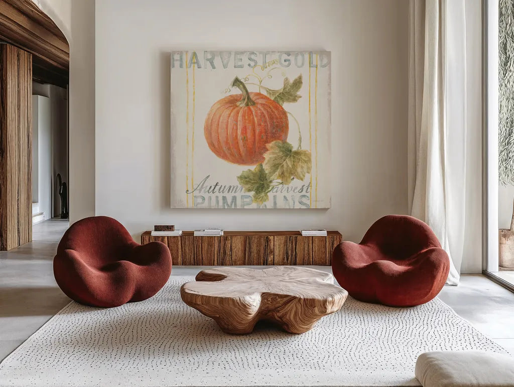 Floursack Autumn VIII by Danhui Nai. Shown as extra-large giant wall art in a modern living room. Available as an archival giclee rolled canvas, fine art paper, or poster print. SKU 48772a.