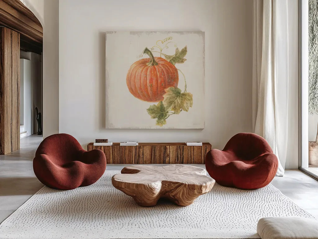 Floursack Autumn VIII v2 by Danhui Nai. Shown as extra-large giant wall art in a modern living room. Available as an archival giclee rolled canvas, fine art paper, or poster print. SKU 56293a.