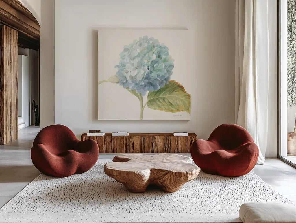 Floursack Florals V - Blue Hydrangea Crop by Danhui Nai. Shown as extra-large giant wall art in a modern living room. Available as an archival giclee rolled canvas, fine art paper, or poster print. SKU 46926a.