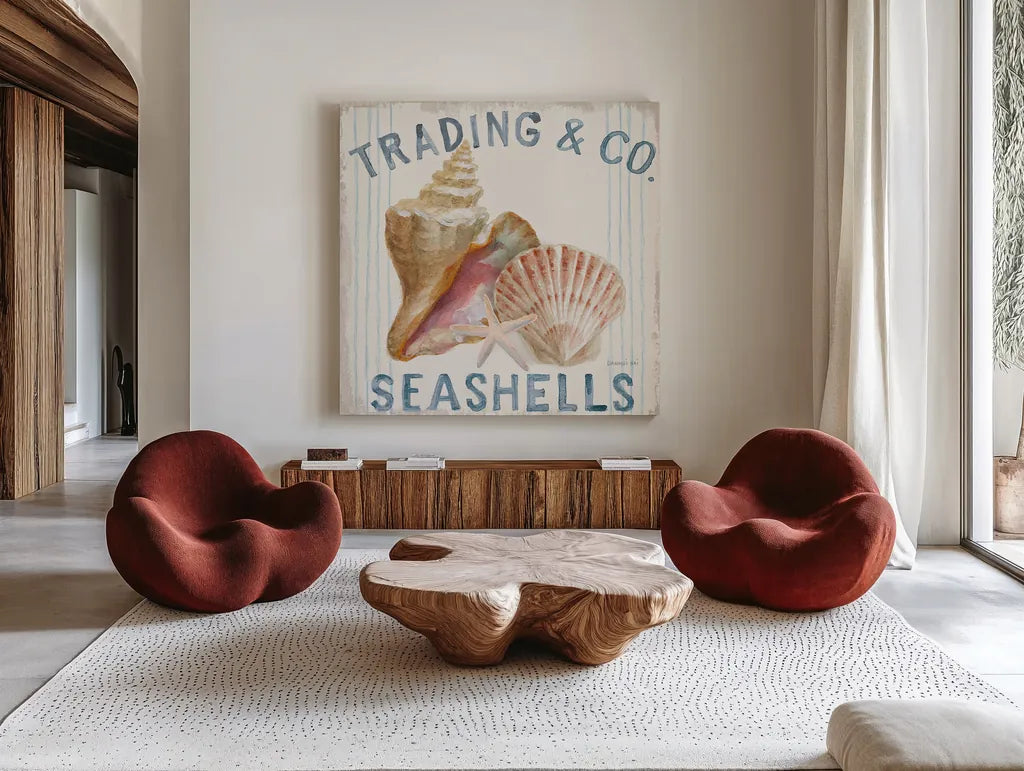 Floursack Nautical XIV Sq by Danhui Nai. Shown as extra-large giant wall art in a modern living room. Available as an archival giclee rolled canvas, fine art paper, or poster print. SKU 55271a.