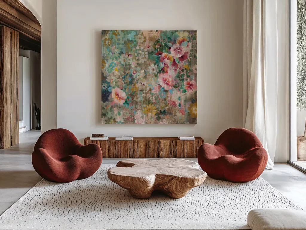 Flower Shower by Danhui Nai. Shown as extra-large giant wall art in a modern living room. Available as an archival giclee rolled canvas, fine art paper, or poster print. SKU 28651a.
