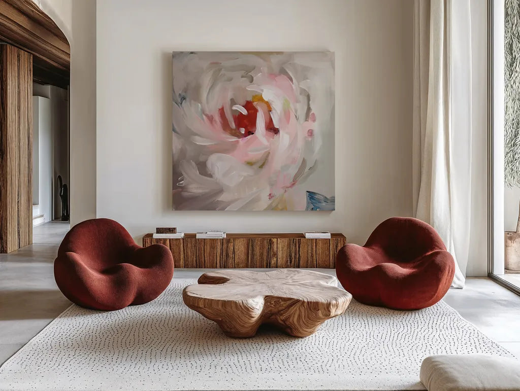 Flower Soul by Danhui Nai. Shown as extra-large giant wall art in a modern living room. Available as an archival giclee rolled canvas, fine art paper, or poster print. SKU 75715a.