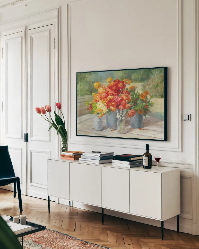Flowers from the Garden by Danhui Nai. shown as a framed stretched canvas in a living room above a console. Available as a archival giclee rolled canvas, fine art paper, or poster print. SKU 93164i.
