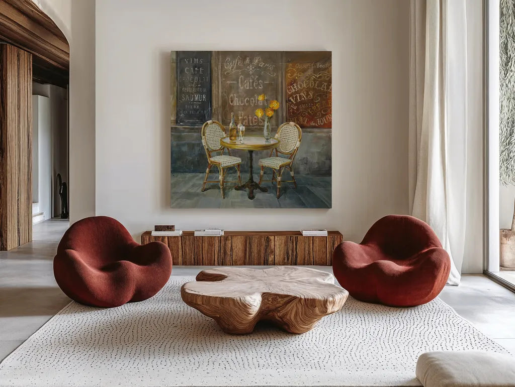 French Cafe by Danhui Nai. Shown as extra-large giant wall art in a modern living room. Available as an archival giclee rolled canvas, fine art paper, or poster print. SKU 25905a.