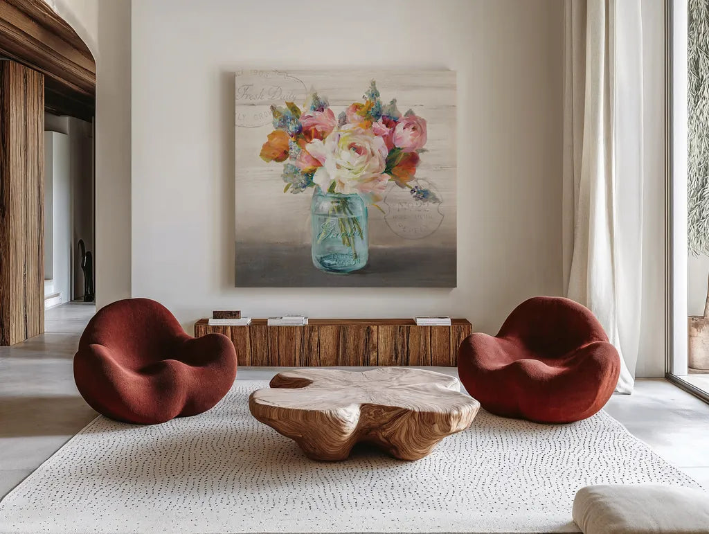 French Cottage Bouquet II by Danhui Nai. Shown as extra-large giant wall art in a modern living room. Available as an archival giclee rolled canvas, fine art paper, or poster print. SKU 17851a.