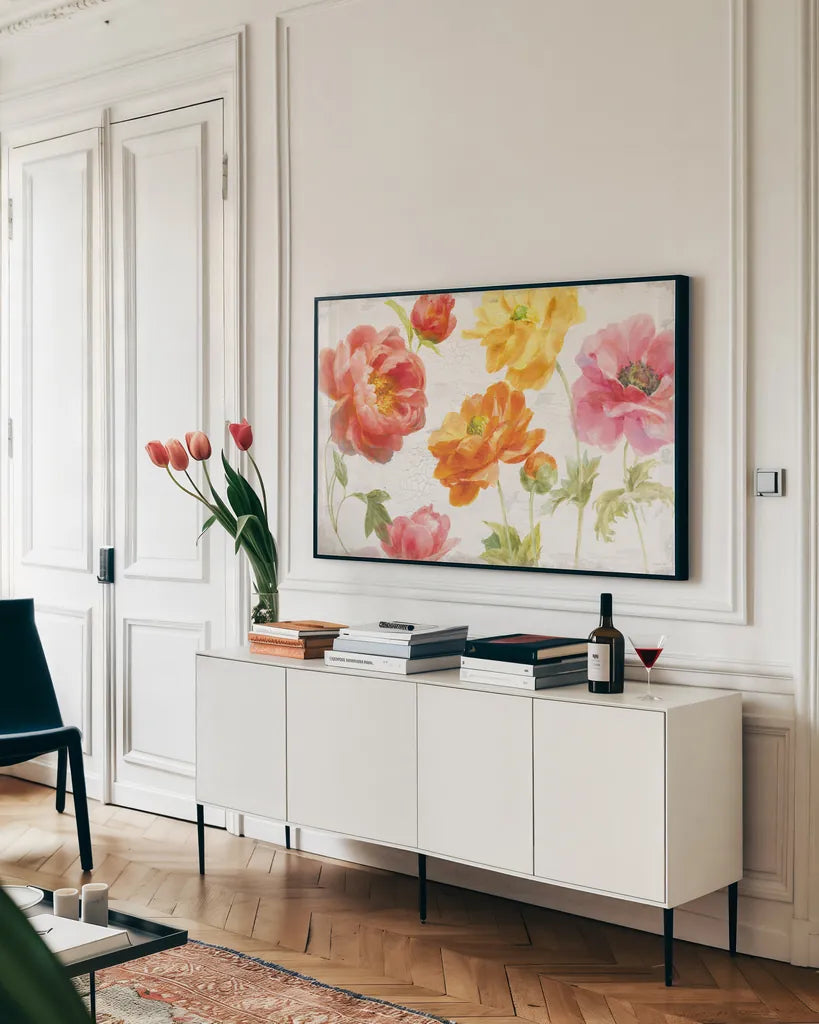 Full Bloom I by Danhui Nai. shown as a framed stretched canvas in a living room above a console. Available as a archival giclee rolled canvas, fine art paper, or poster print. SKU 61367i.