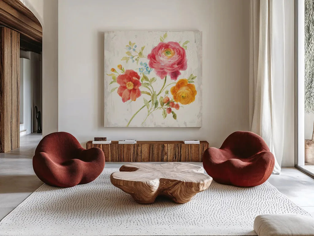 Full Bloom III by Danhui Nai. Shown as extra-large giant wall art in a modern living room. Available as an archival giclee rolled canvas, fine art paper, or poster print. SKU 61369a.