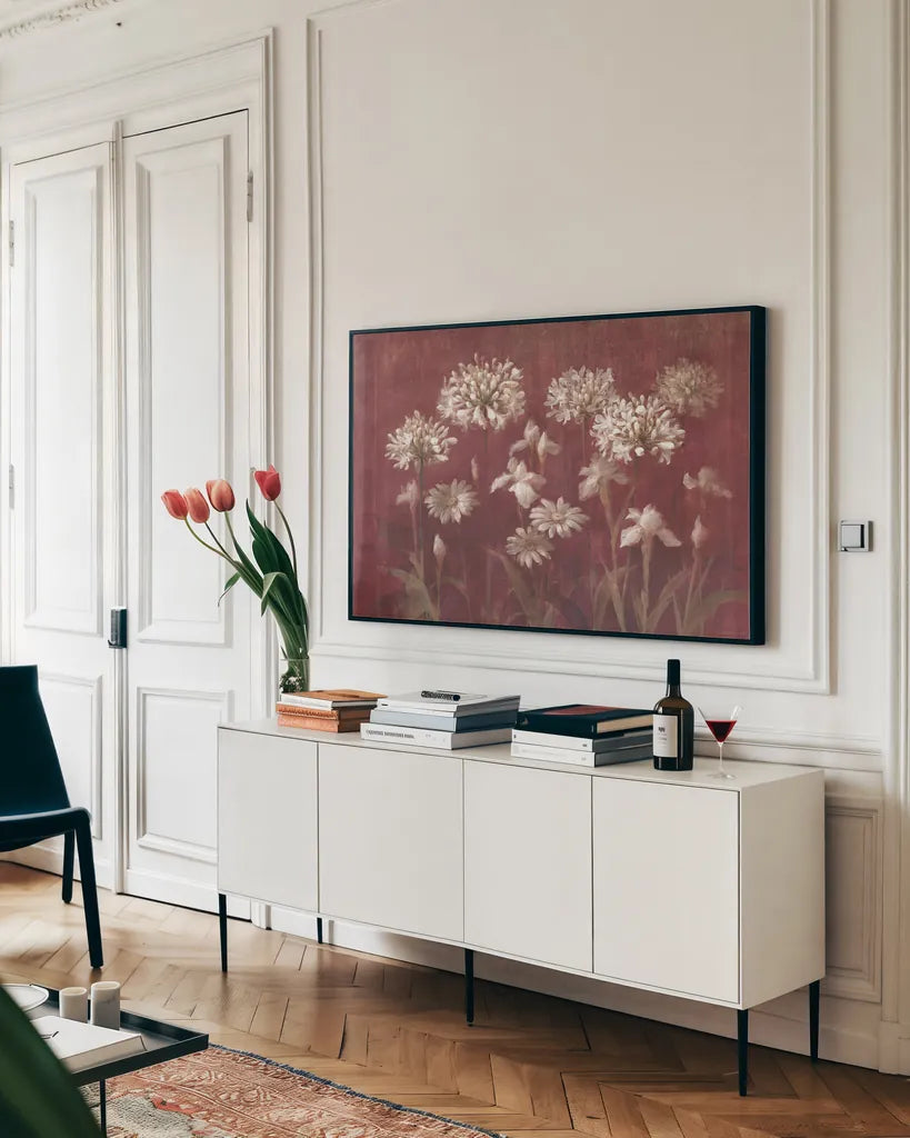 Garden Flowers on Burgundy by Danhui Nai. shown as a framed stretched canvas in a living room above a console. Available as a archival giclee rolled canvas, fine art paper, or poster print. SKU 96195i.