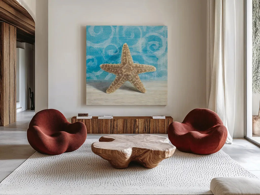 Gift from the Sea III by Danhui Nai. Shown as extra-large giant wall art in a modern living room. Available as an archival giclee rolled canvas, fine art paper, or poster print. SKU 5249a.