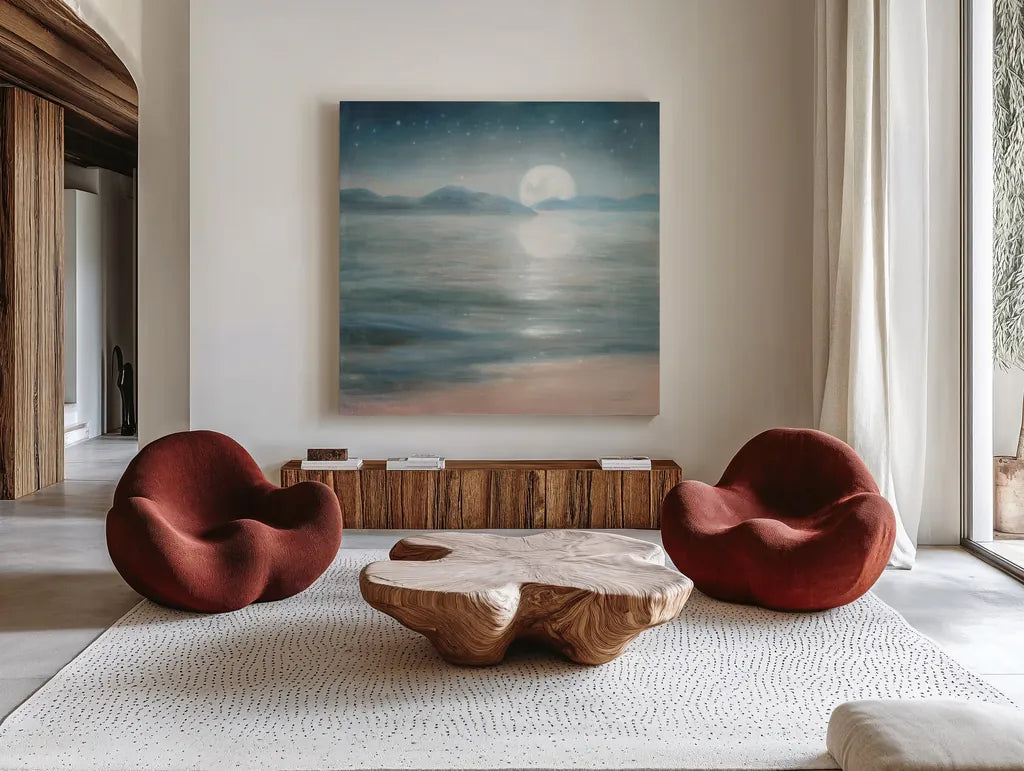 Half Moon Dream by Danhui Nai. Shown as extra-large giant wall art in a modern living room. Available as an archival giclee rolled canvas, fine art paper, or poster print. SKU 57241a.