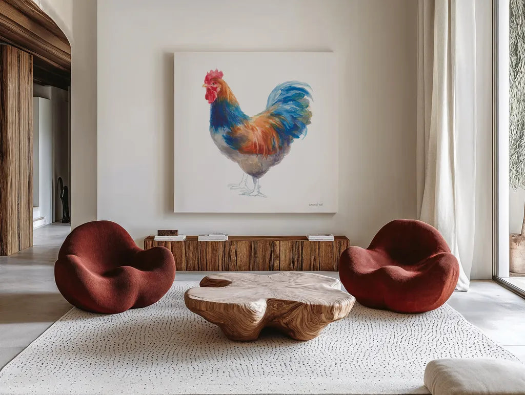 Hen on White by Danhui Nai. Shown as extra-large giant wall art in a modern living room. Available as an archival giclee rolled canvas, fine art paper, or poster print. SKU 46171a.