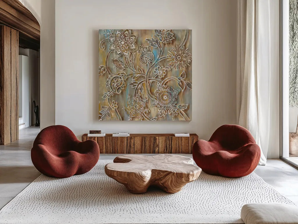 Henna Crop by Danhui Nai. Shown as extra-large giant wall art in a modern living room. Available as an archival giclee rolled canvas, fine art paper, or poster print. SKU 28647a.