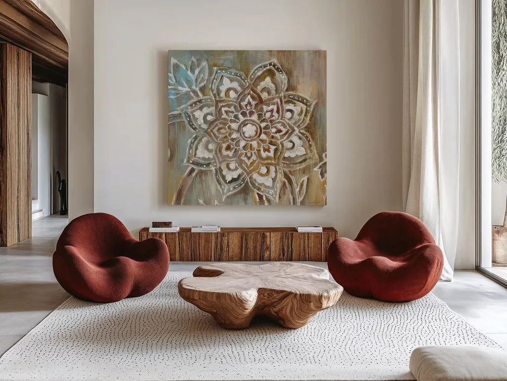 Henna II by Danhui Nai. Shown as extra-large giant wall art in a modern living room. Available as an archival giclee rolled canvas, fine art paper, or poster print. SKU 29292a.