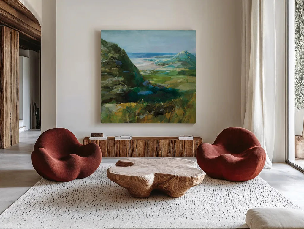 Hidden Beach by Danhui Nai. Shown as extra-large giant wall art in a modern living room. Available as an archival giclee rolled canvas, fine art paper, or poster print. SKU 81372a.
