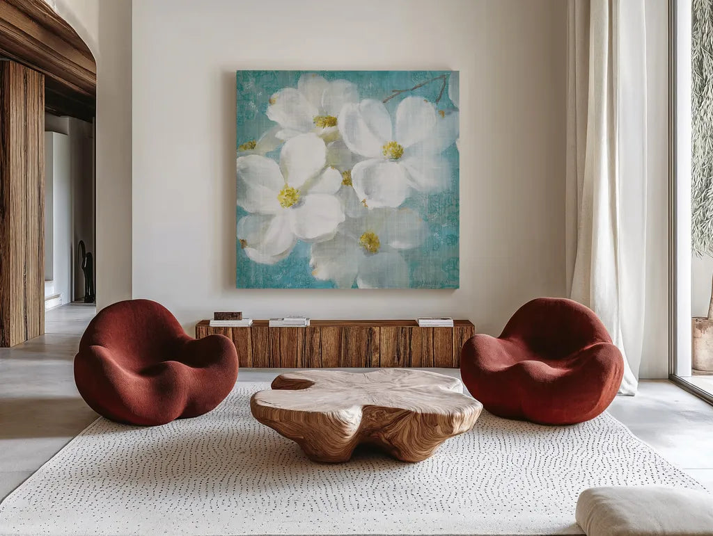 Indiness Blossom Square Vintage II by Danhui Nai. Shown as extra-large giant wall art in a modern living room. Available as an archival giclee rolled canvas, fine art paper, or poster print. SKU 14016a.