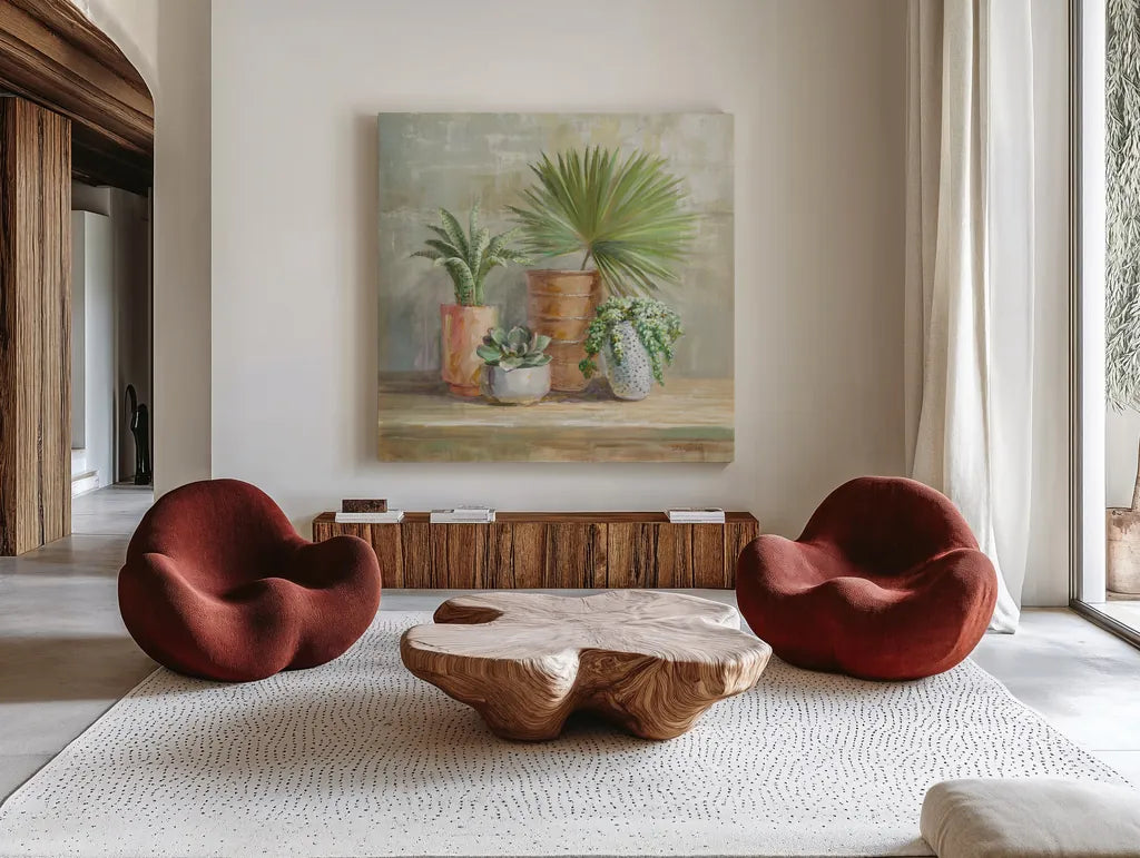 Indoor Garden by Danhui Nai. Shown as extra-large giant wall art in a modern living room. Available as an archival giclee rolled canvas, fine art paper, or poster print. SKU 70574a.