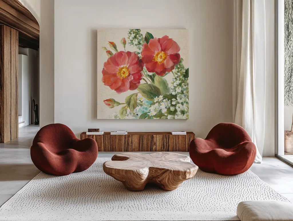 June Abundance II by Danhui Nai. Shown as extra-large giant wall art in a modern living room. Available as an archival giclee rolled canvas, fine art paper, or poster print. SKU 91468a.