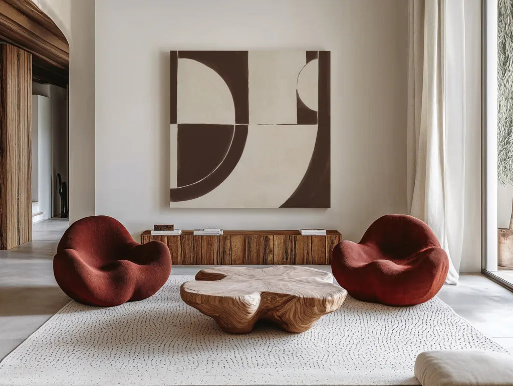 Laid Back Chocolate Brown by Danhui Nai. Shown as extra-large giant wall art in a modern living room. Available as an archival giclee rolled canvas, fine art paper, or poster print. SKU 91418a.