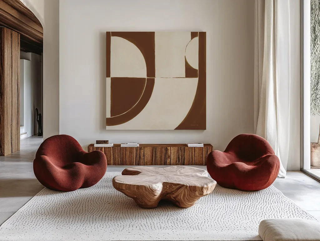 Laid Back Sepia by Danhui Nai. Shown as extra-large giant wall art in a modern living room. Available as an archival giclee rolled canvas, fine art paper, or poster print. SKU 91300a.