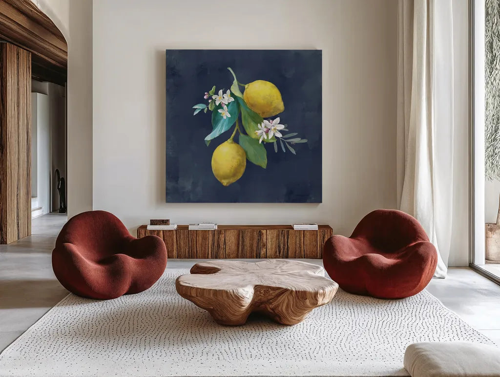 Lemon Branches II by Danhui Nai. Shown as extra-large giant wall art in a modern living room. Available as an archival giclee rolled canvas, fine art paper, or poster print. SKU 88613a.