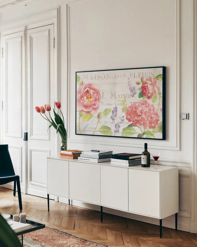 Maison Des Fleurs I by Danhui Nai. shown as a framed stretched canvas in a living room above a console. Available as a archival giclee rolled canvas, fine art paper, or poster print. SKU 45831i.
