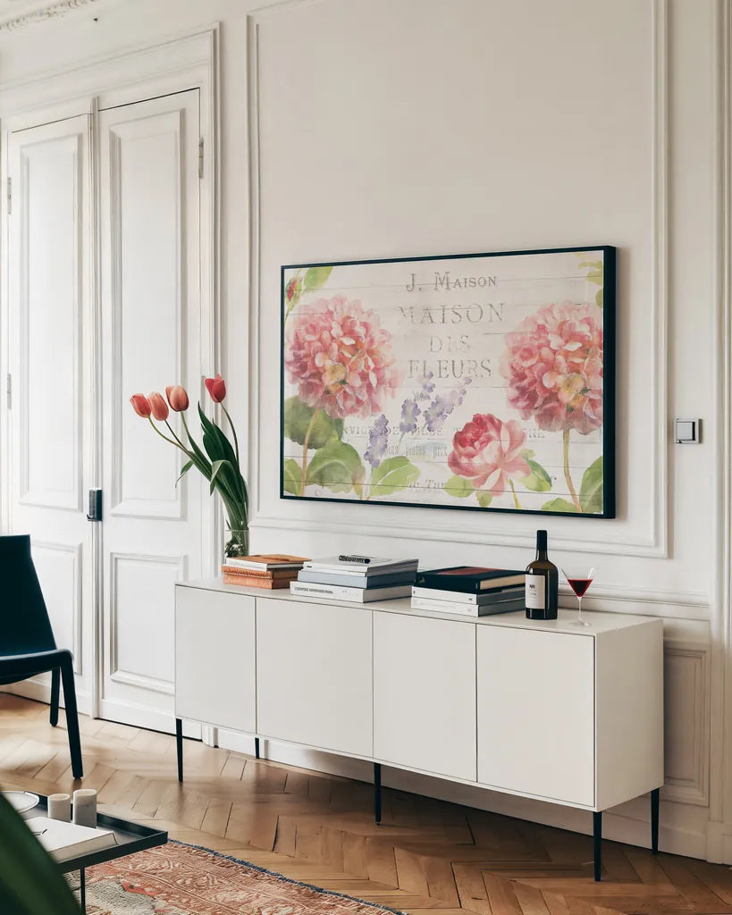 Maison Des Fleurs II by Danhui Nai. shown as a framed stretched canvas in a living room above a console. Available as a archival giclee rolled canvas, fine art paper, or poster print. SKU 45832i.