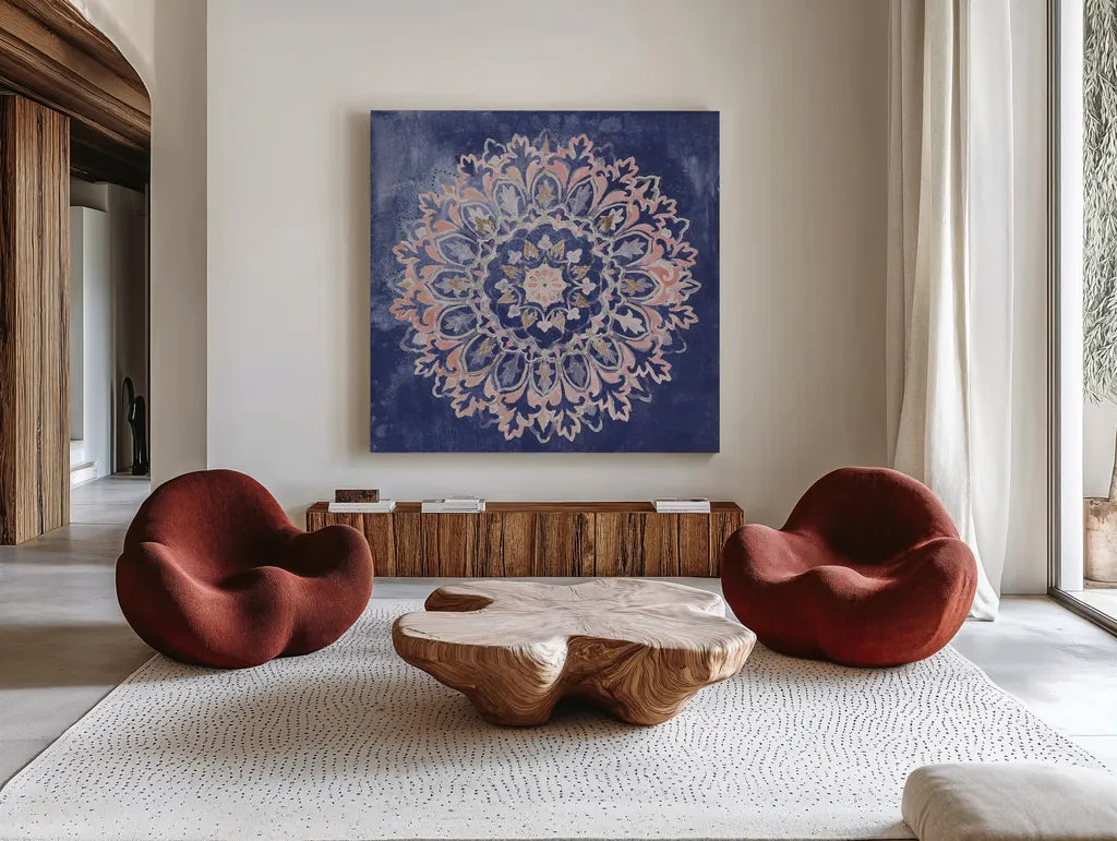 Mandala Delight II Navy by Danhui Nai. Shown as extra-large giant wall art in a modern living room. Available as an archival giclee rolled canvas, fine art paper, or poster print. SKU 55338a.
