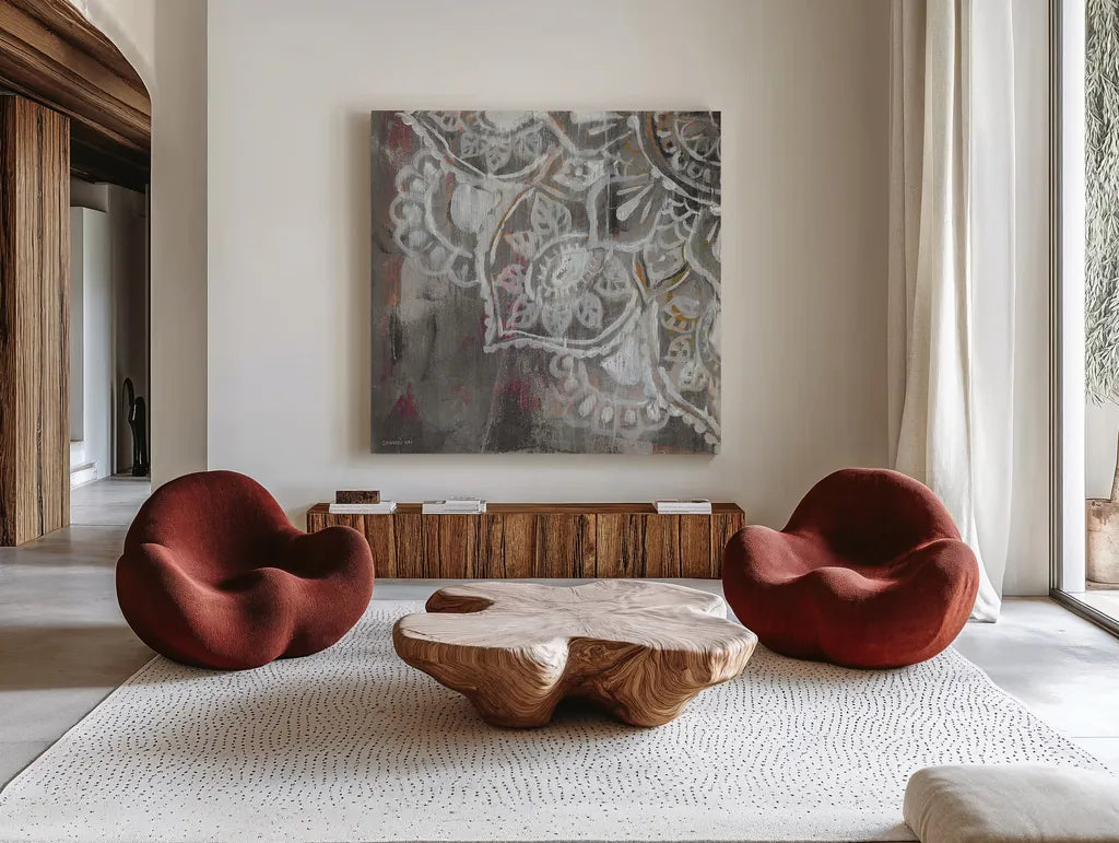 Mandala in Neutral II Sq III by Danhui Nai. Shown as extra-large giant wall art in a modern living room. Available as an archival giclee rolled canvas, fine art paper, or poster print. SKU 28149a.