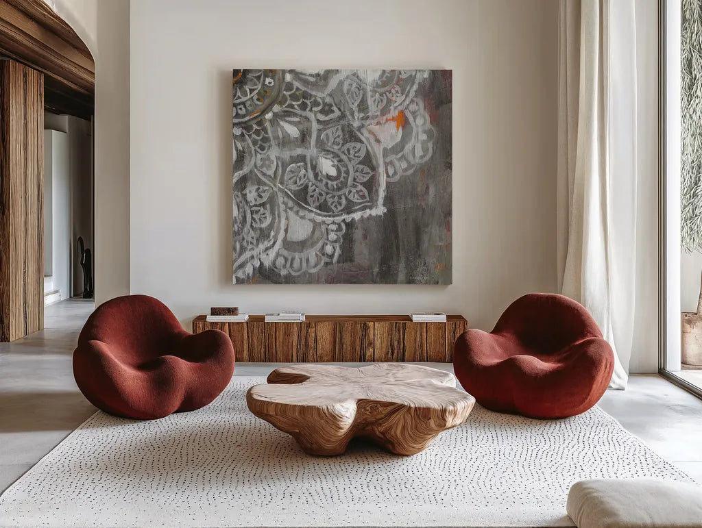 Mandala in Neutral II Sq IV by Danhui Nai. Shown as extra-large giant wall art in a modern living room. Available as an archival giclee rolled canvas, fine art paper, or poster print. SKU 28150a.