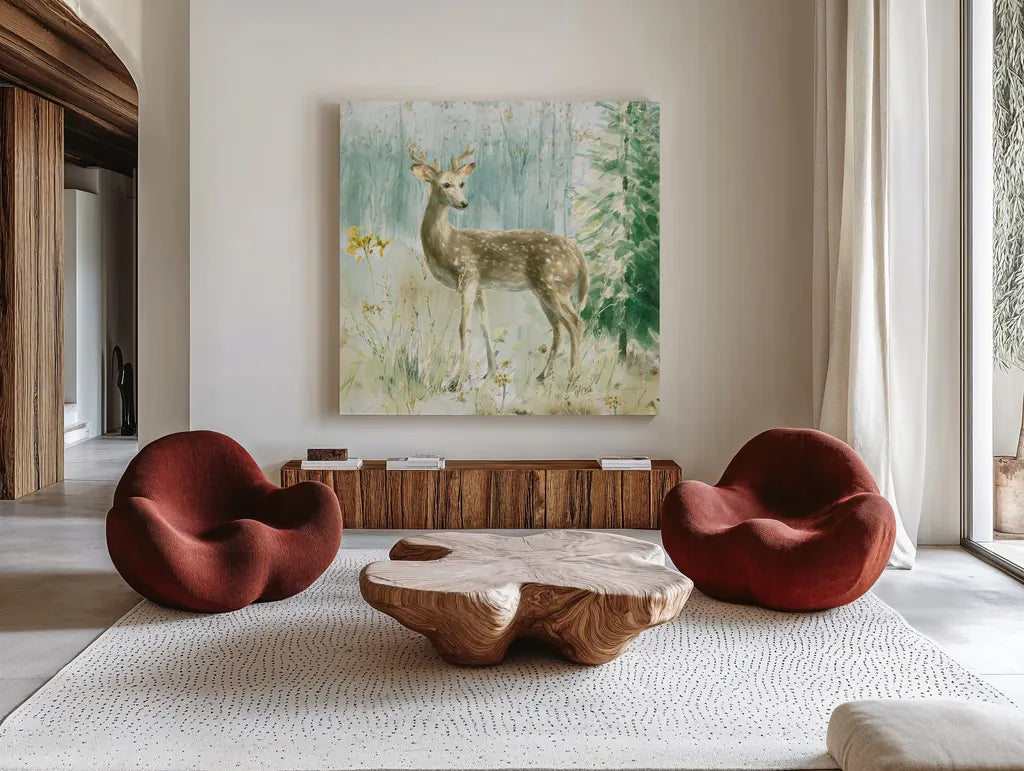 Meadows Edge III by Danhui Nai. Shown as extra-large giant wall art in a modern living room. Available as an archival giclee rolled canvas, fine art paper, or poster print. SKU 61970a.