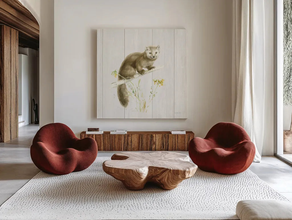 Meadows Edge V on Wood by Danhui Nai. Shown as extra-large giant wall art in a modern living room. Available as an archival giclee rolled canvas, fine art paper, or poster print. SKU 61978a.
